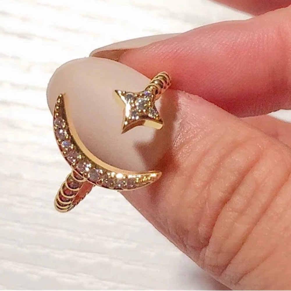 NEW Gold Plated S925 Crescent Moon and Star Simulated Diamond Ring, Adjustable